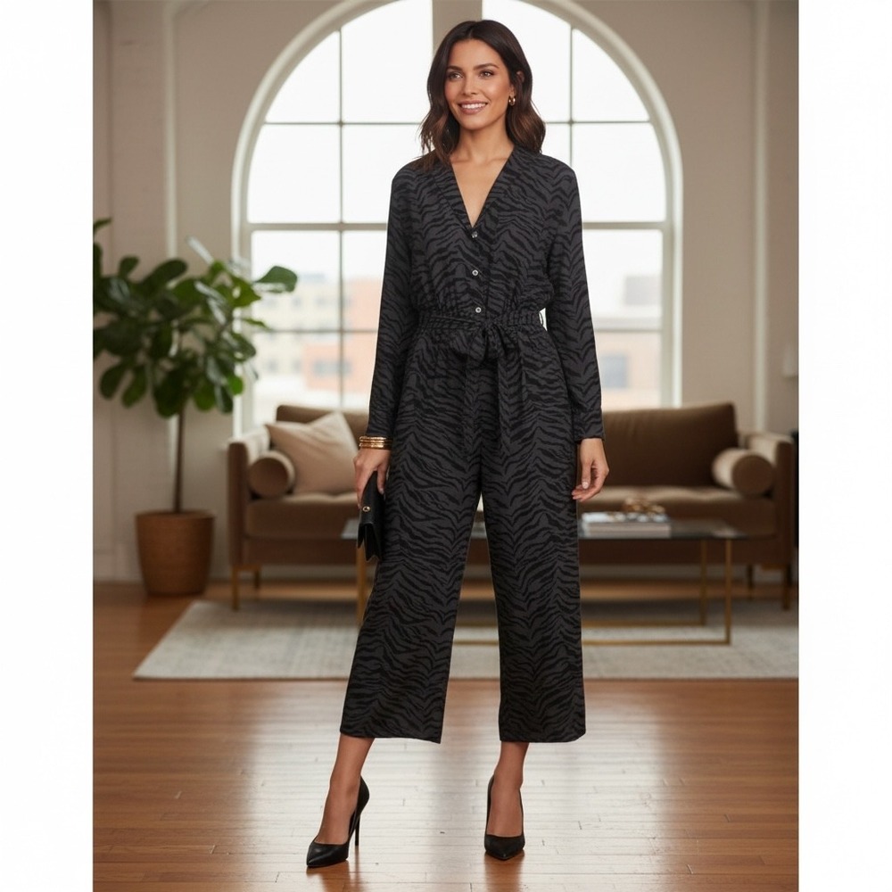 Rails Callan Charcoal Tiger Striped Belted Jumpsuit Wide Leg‎ Cropped Chic L